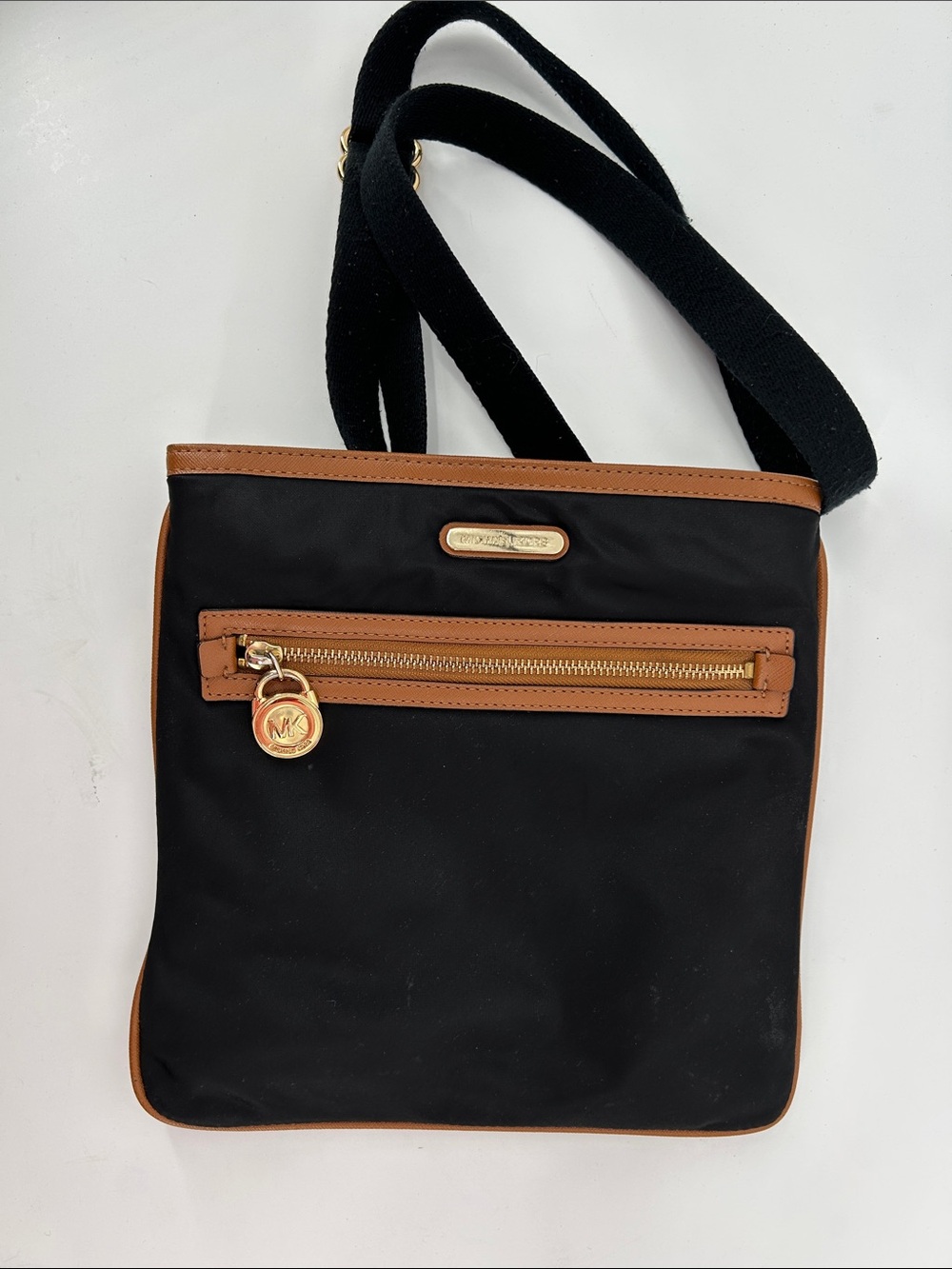 Michael Kors Black Kempton Nylon Crossbody with Brown Trim and Gold Hardware